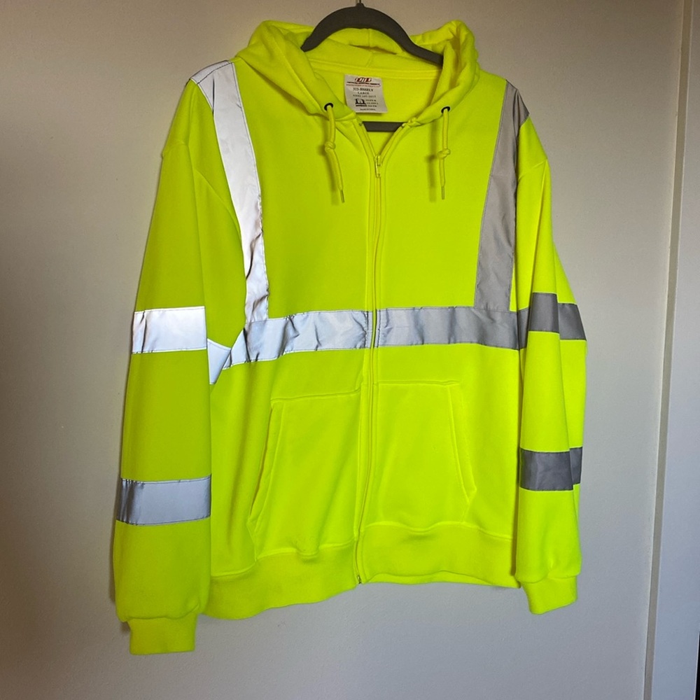 High-visibility zippered, hooded sweatshirt with reflective striping. PIP